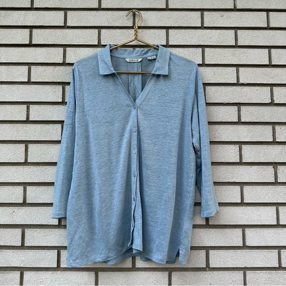 Orvis Light Blue 100% Linen Button Front Knit Three Quarter Sleeve Top L Coastal